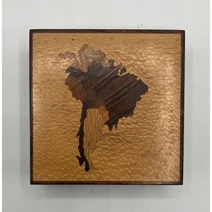 Handcrafted Wooden Trinket Box Vintage 1970's South American Inlaid Map‎